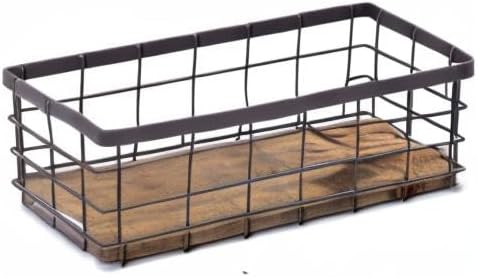 TIEYIPIN Small Metal Wire Storage Basket, Detachable Wood Base Storage Organizer Bin Basket for Kitchen Cabinets, Bathroom, Pantry, Garage, Laundry Room - Brown