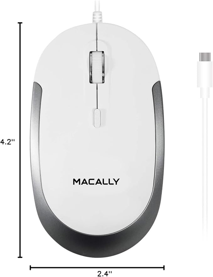 Macally Wired USB C Mouse for Mac & Windows - 3 Button & Scroll Wheel USB Type C Mouse - Comfortable Ambidextrous Design - Compact Wired Mouse with Optical Sensor & DPI Switch 800/1200/1600/2400