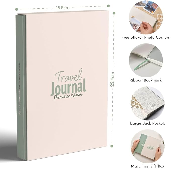Travel Journal β Memory Book for Trips and Vacations β Journal and Photo Album β 136 Pages for 15 Adventures. Includes Photo Corner Stickers. Gift Sleeve Included. Travel Gift for Women and Men