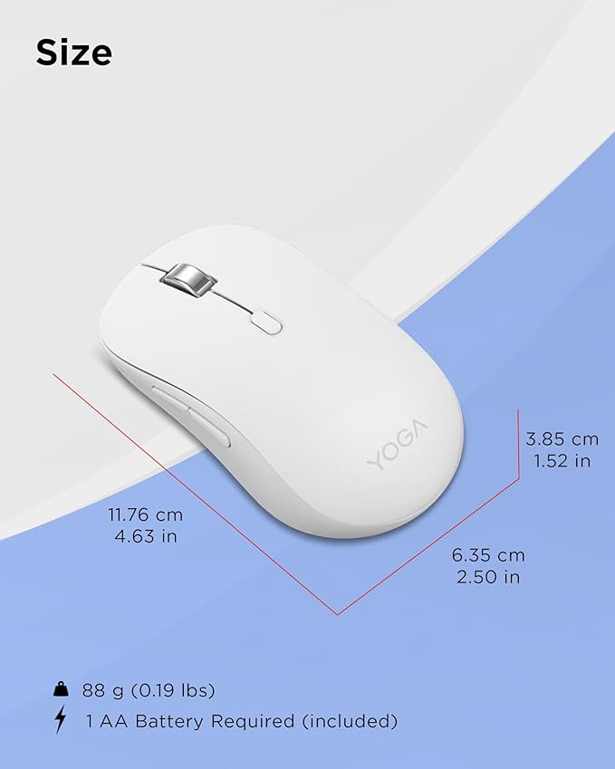 Lenovo Yoga Bluetooth Silent Mouse, 3 Level DPI Adjustment, 36 Month Battery Life, Bluetooth 5.3, 3 Device Paring, Whisper Quiet, Programmable Buttons, Smooth Finish, Seashell