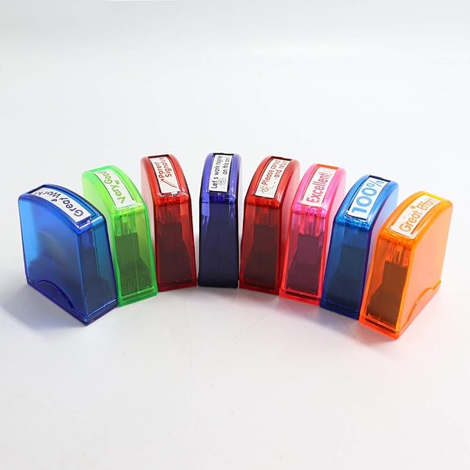 RELIANCER 8PCS Teacher Stamp Set,Colorful Self-Inking Motivational Classroom Stamper for Grading,Encouraging Rating Stamp Student,Parent Signature Stamps for Homework,School Homeschool Reward Supplies