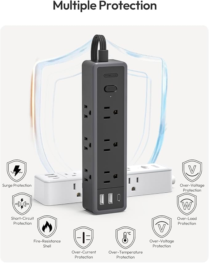 Surge Protector Power Strip,9 Widely Outlets and 3 USB Ports (1 USB-C), 1080 Joules, 10 FT Flat Extension Cord with Multiple Outlets, Wall Mount, Flat Plug, for Home Office, Dorm Essentials, White