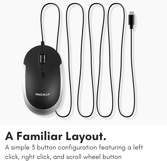 Macally USB Type C Mouse - Slim & Compact Design - USB C Mouse for MacBook Pro iMac PC etc. - Simple 3 Button & Scroll Wheel Layout with DPI Switch - Comfortable Plug & Play Apple Wired Mouse USBC