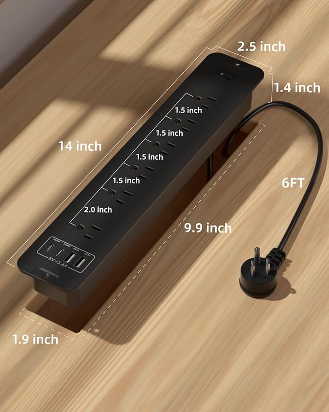 Recessed Power Strip Extension - 10 Outlet Surge Protector with 6 AC - 2 USB-A(18W) and 2 USB-C(PD20W) Ports - Flush Mount Desk Outlet with 6 Feet Cord - for Conference Table (Black)