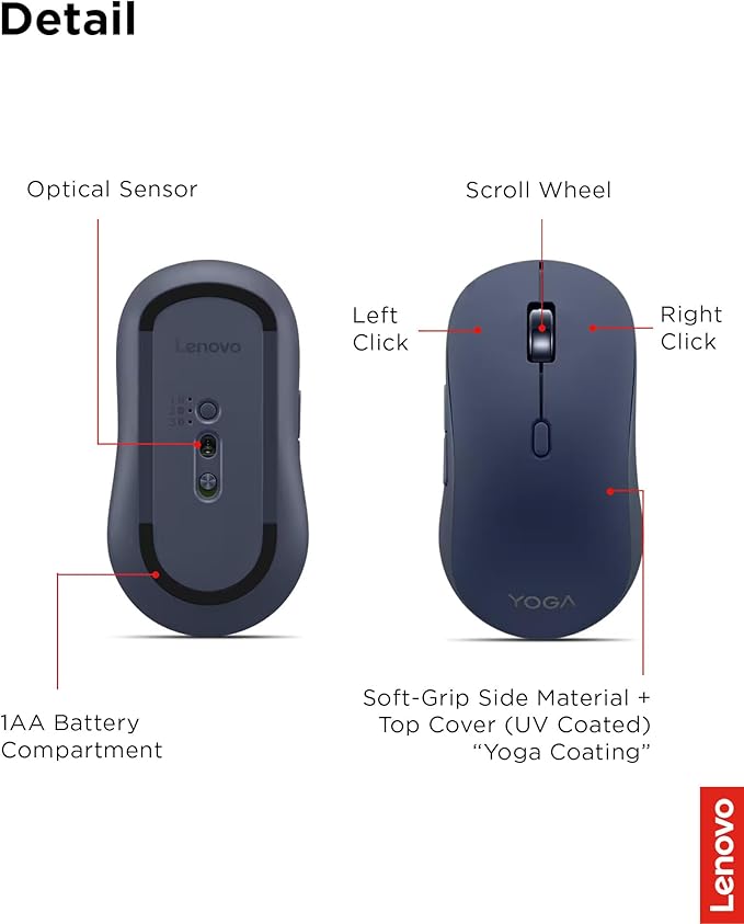 Lenovo Yoga Bluetooth Silent Mouse, 3 Level DPI Adjustment, 36 Month Battery Life, Bluetooth 5.3, 3 Device Paring, Whisper Quiet, Programmable Buttons, Smooth Finish, Cosmic Blue