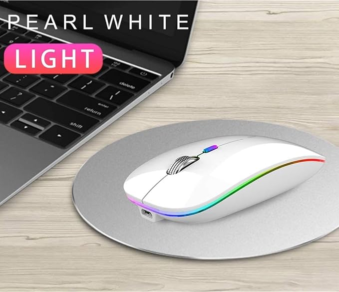 TENMOS Wireless Bluetooth Mouse, LED Slim (Bluetooth 5.1 + USB) 2.4GHz Rechargeable Silent Bluetooth Wireless Mouse with Type C Adapter for Laptop/MacBook/iPad OS 13 and Above (White)