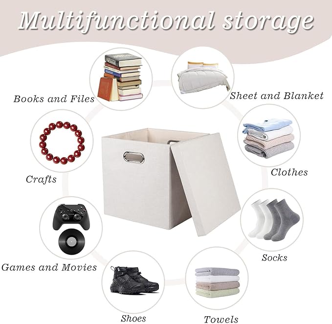 Storage Bins with Lids, Collapsible Linen Fabric Boxes Organizer Containers with Lid Foldable Storage Box Basket for Closet, Shelves, Home, Office, 11 x 11 x 11.4 Inch, 4 Pack, Beige