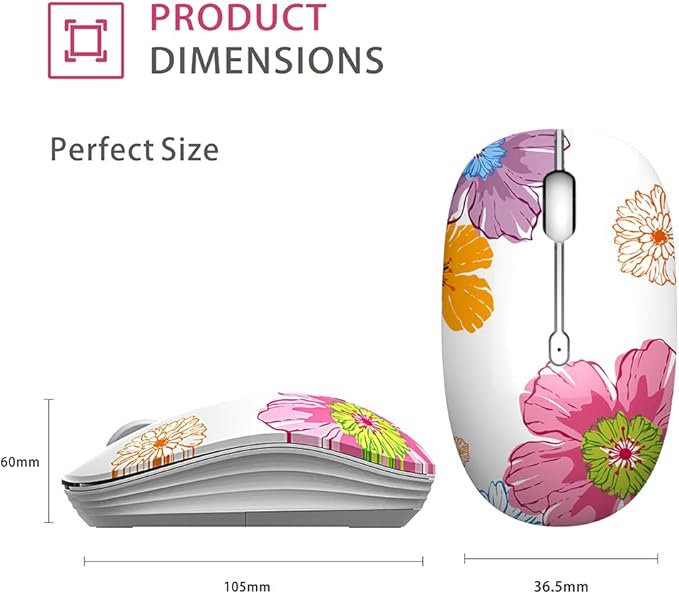 TENMOS M101 Wireless Mouse Cute Silent Computer Mice with USB Receiver, 2.4G Optical Wireless Travel Mouse 1600 DPI for Laptop, Notebook, PC, Computer (Flower)