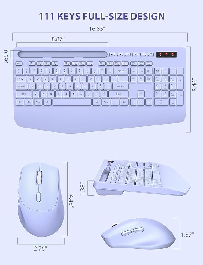 SABLUTE Wireless Keyboard and Mouse, Wrist Rest, Phone Holder, Batteries Included, 2.4G Lag-Free Ergonomic Keyboards Mouse Combo, Silent Keyboard Cordless Set for Computer, Laptop, PC, Windows, Purple
