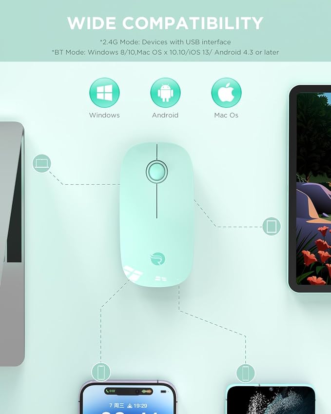 RAPIQUE R306 Wireless Mouse, Green, Bluetooth, USB, 480 hours battery life, 1600 DPI, Compatible with Windows, MacOS, Chromebook, Surface Pro, Laptops, PCs, and Computers