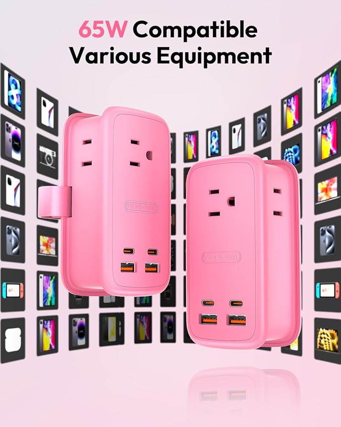 NTONPOWER GAN Ultra 65W Pink Fast Charging Station, Travel Power Strip with 3 Outlets 4 USB (2 USB C), Pink Extension Cord 4Ft, Kawaii Cute Accessories Compatible with MacBook, iPhone