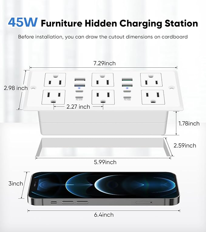 Recessed Power Strip with 45W USB C, Furniture Desk Flush Mount Outlet, Ultra Thin Flat Plug Power Strip, 6 Outlets & 8 USB Ports, 10FT Cord (White)