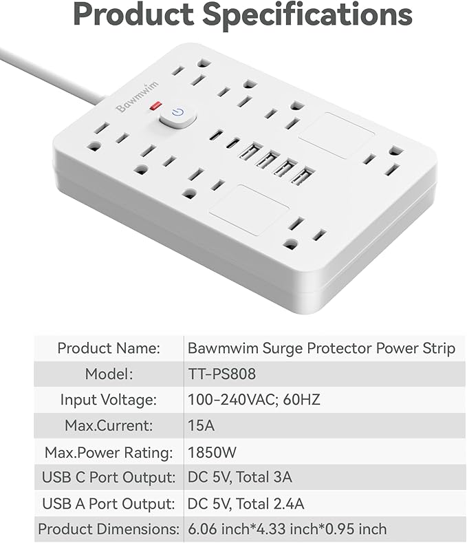 Surge Protector Power Strip - 8 Outlets(1850W/15A) with 6 USB Ports(2 USB C, 6FT Flat Plug Extension Cord, Wall Mount Multi Plug Outlet Extender, ETL Listed for Home, Dorm Room, White
