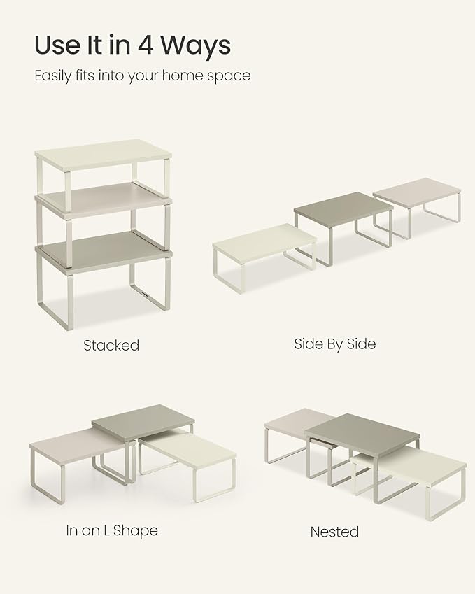 SONGMICS Cabinet Organizer Shelf, Set of 3 Kitchen Counter Shelves, Kitchen Storage, Spice Rack, Stackable, Expandable, Sand Beige UKCS220K01
