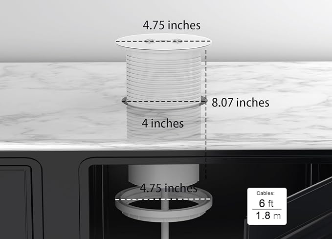 Pop up Outlet - 4-inch Hole,4-AC Outlet,20W USB C,15W Wireless Charging,2-USB Port,Desktop Recessed Grommet Power Outlet for Kitchen Island Countertop,6 ft Cable,White