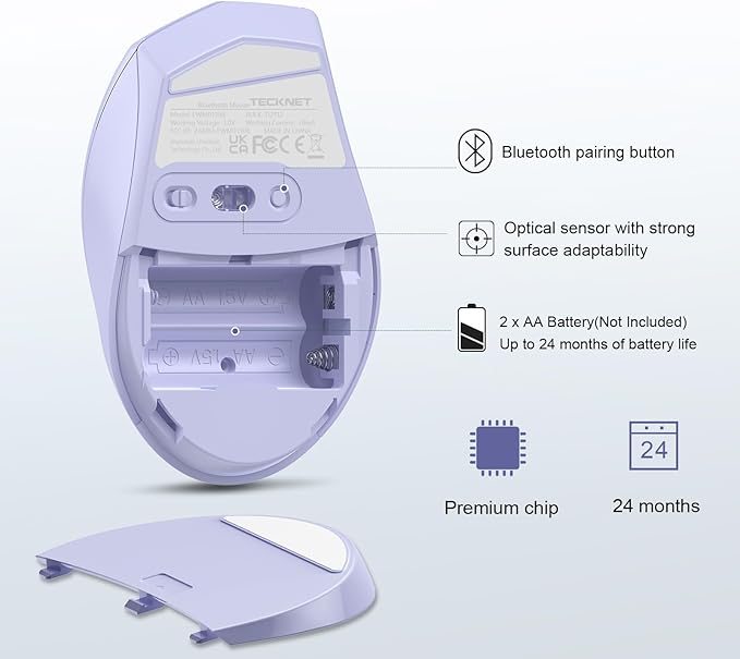 TECKNET Bluetooth Mouse, 4800 DPI Wireless Mouse, 2-Year Battery 6 Adjustable DPI, 6 Buttons Compatible with Laptop/Windows/Computer - Lavender