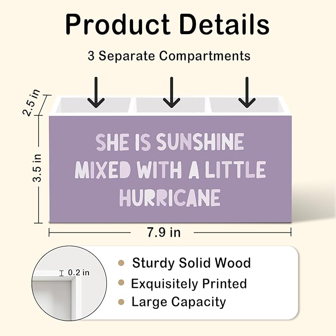 Purple Inspirational Pen Pencil Holder for Desk Decor, Purple Office Desk Accessories, Motivational Pen Holders Organizer for Girls Room Nursery, She Is Sunshine Mixed with a Little Hurricane