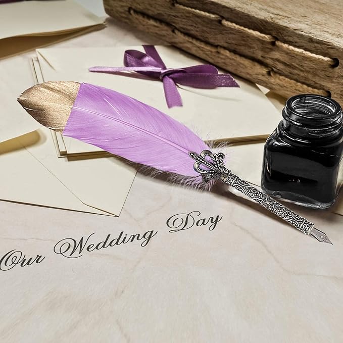 Quill Feather Pen and Ink Set,Calligraphy Set,Calligraphy Kits Include Antique Quill Feather Pen,6 Nibs,1 Bottles Inks,Pen Holder for Beginners Birthday Gift(Purple)