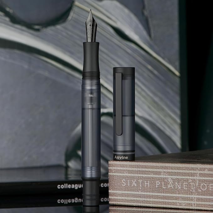 Asvine V200 Titanium Fountain Pen Vacuum Filling, Matte Black Bock Medium Nib Transparent Acrylic Smooth Writing Pen Case Set