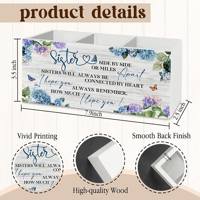 Sister Gifts for Women Pen Pencil Holder Organizer for Desk Accessories, Sister Gift for Christmas, Long Distance Gifts, Hydrangea Floral Wooden Box Sign Desk Decor for Home Office Decoration