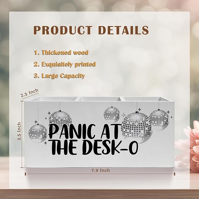 Funny Trendy Disco Ball Pencil Pen Holder for Desks, Panic at the Desk-O Mental Health Wooden Pencil Holder Organizer for Home Office Desk Accessories, Office Humor Gifts for Women