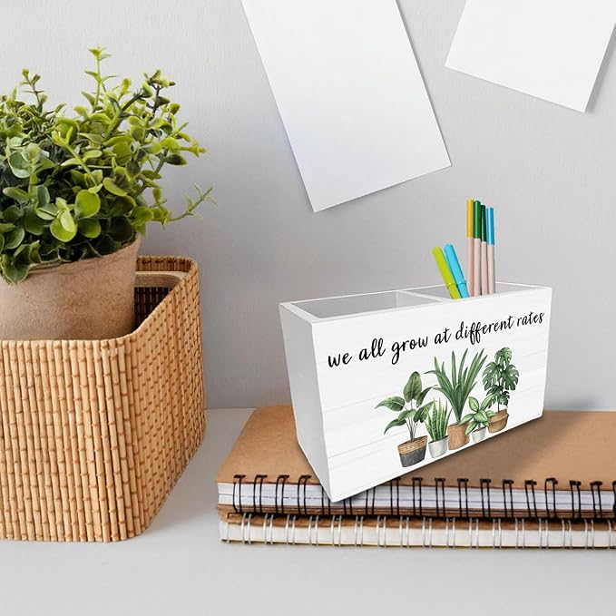 Inspirational Pen Holder for Desk, We All Grow at Different Rates Mental Health Wooden Box Sign Desk Decor for Therapy Office Decoration, Motivational Pencil Organizer, Psychology Gifts