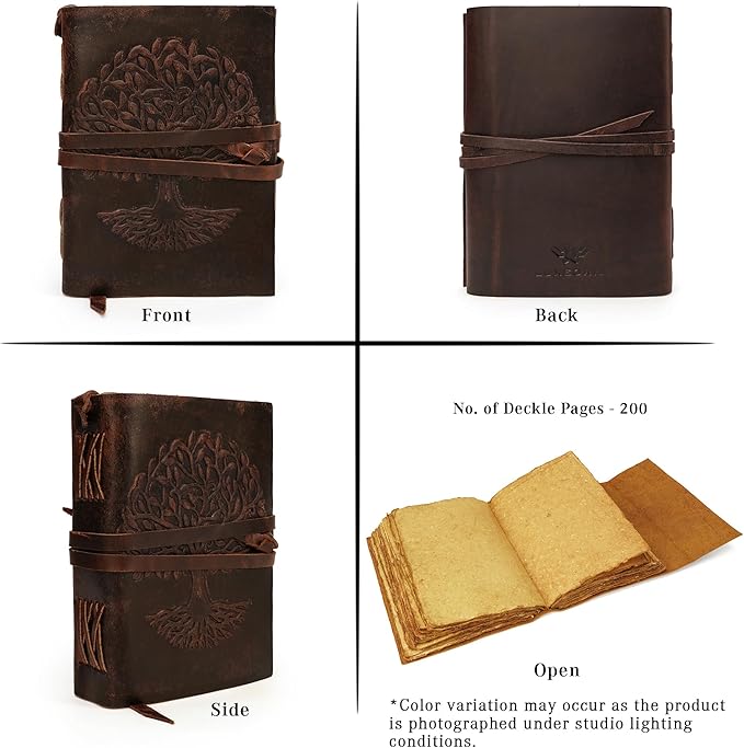 LUXEORIA Leather Journal for Women and Men, 200 Pages - 6"x8", Travel Dairy, Unlined Women's Notebook, Tree Of Life Sketchbook for Drawing, Writing- Antique Deckle Edges Handmade Paper, Vintage Brown
