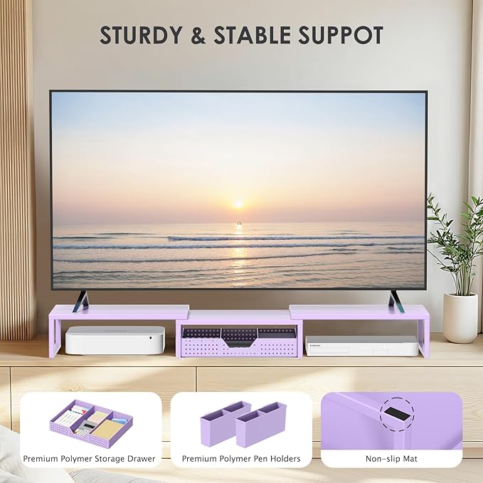 Purple Desk Organizers and Accessories, Dual Computer Monitor Stand Riser with Drawer and 2 Pen Holders, Office Desk Accessories, Workspace Desktop Organization for Office Supplies