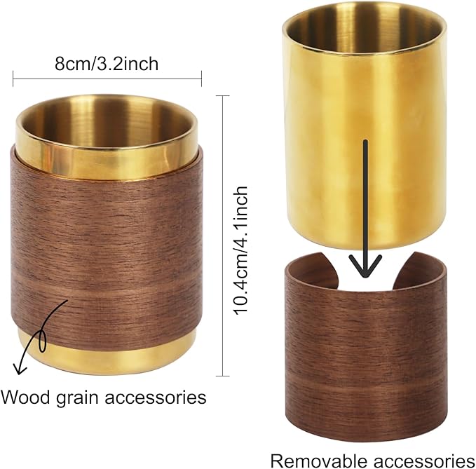 MultiBey Gold Pencil Holder Cup, Luxury Walnut Pen Holder Metal Organizer Small Vase, Offices Stationery Makeup Brushes Holder Decoration Desk Accessory for Office Home