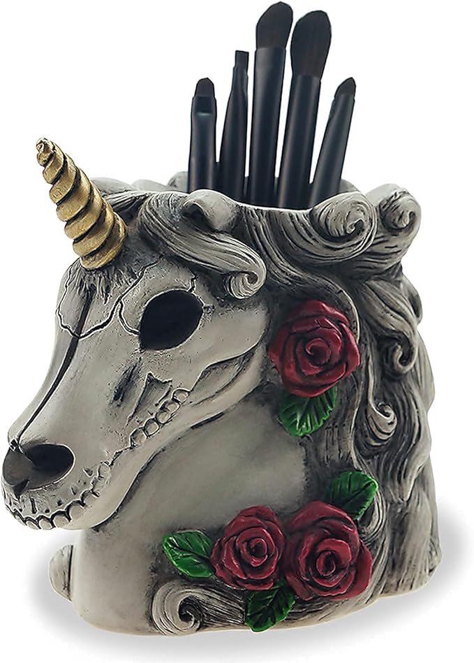 Gothic Unicorn Skull Makeup Brush/Pen Holder-Unicorn Gift for Women Adults Halloween Decor Day Dead Inspired Goth Accessory for Home