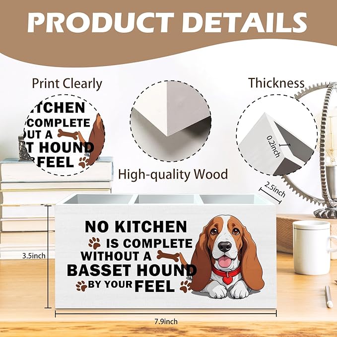 DILSJ Funny Basset Hound Kitchen Utensil Holder for Countertop, Basset Hound Gifts for Women, Dog Lovers Owner Gifts, Dog Wooden Storage Organizer Box for Kitchen Counter Shelf Table Decor Supplies