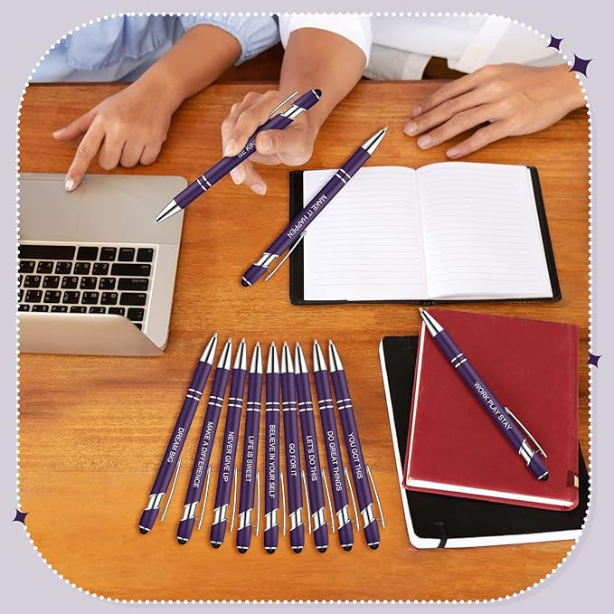 Zonon 12 Pcs Inspirational Pens Bulk Funny Ballpoint Pen with Stylus Tip Motivational Gifts for Christmas Teacher Coworkers Nurse School Office Supplies(Dark Purple,Motivational Style)