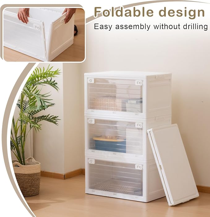 3-Tier 101QT Stackable Storage Bins with Lid, Doors & Wheels, Collapsible Plastic Organizer Bins for Closet Bedroom, White