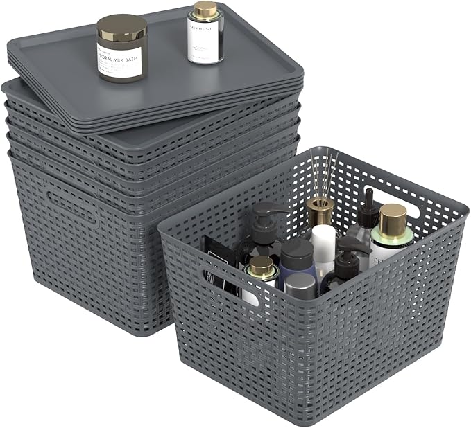 6-Pack Large Plastic Storage Baskets Bins with Lid, Ideal for Barthroom, Kitchen, Pantry, Closets, Organizing, Gray