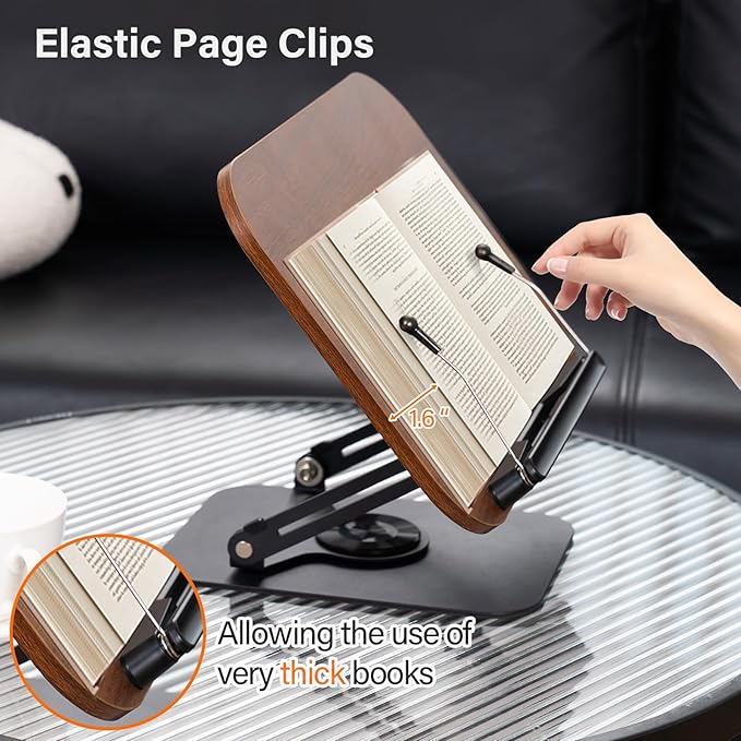 Book Stand for Reading, Adjustable Book Holder with 360° Rotating Base & Elastic Page Clips, Foldable Cookbook Stand for Office, Kitchen, School Textbook, Recipe, Magazine,Tablet
