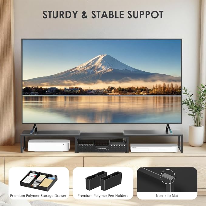 Desk Organizers and Accessories, Dual Monitor Stand Riser with Drawer and 2 Pen Holders, Desk Shelf Metal Computer Racks for Office Workspace Organizers, Desktop Organization (Black)