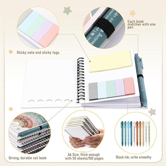 Janlaugh 100 Pcs Mental Health Gifts for Women Men Include 50 Mental Health Notebook 50 Inspirational Ballpoint Pen Self Care Notebook with Sticky Note Mood Support Boss Day Gift for Coworker Student