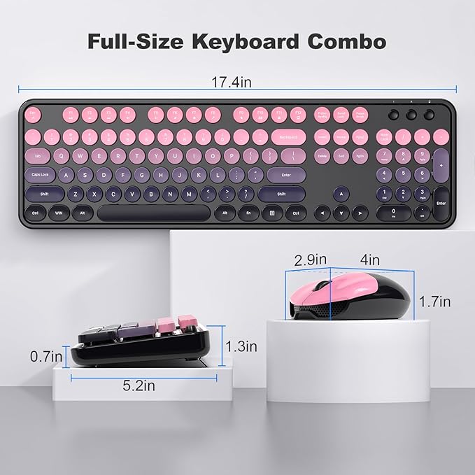 MOFII Wireless Keyboard and Mouse Combo, Full Size 2.4G Plug and Play Typewriter Retro Round Computer Keyboard and Mouse Set for Windows, Computer, Desktop, PC, Notebook - (Plum Pink Gradient)