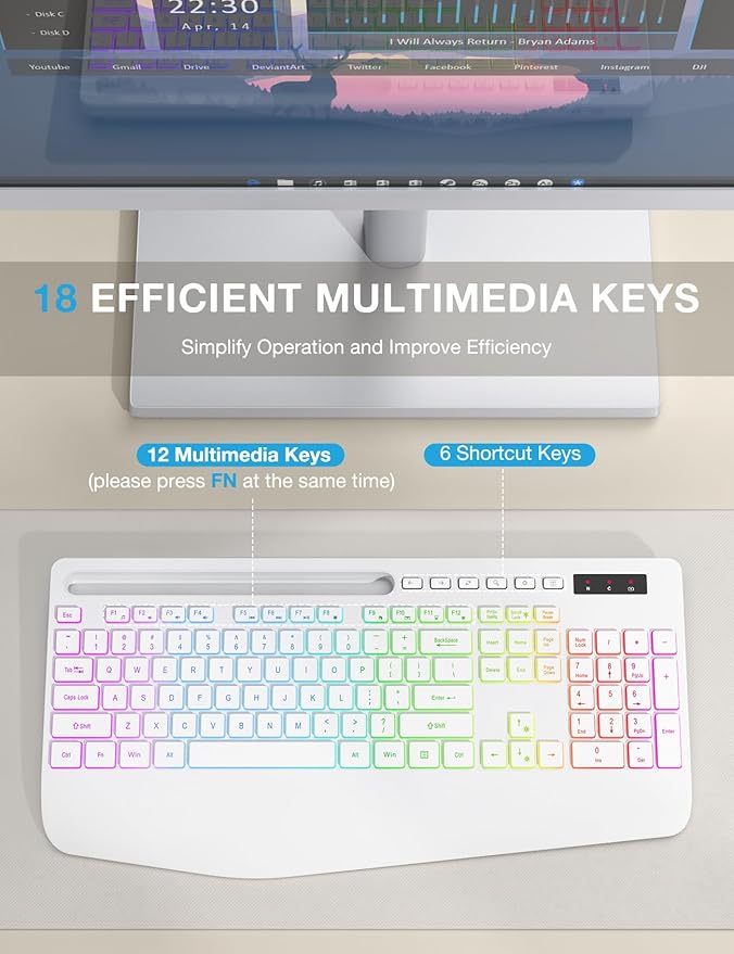 Wireless Keyboard with 9 Effects Backlits, Wrist Rest, Phone Holder, Rechargeable Ergonomic Computer Keyboard with Silent Keys, 2.4G Lag-Free Cordless Set for PC, Laptop, Windows, Mac (Keyboard Only)
