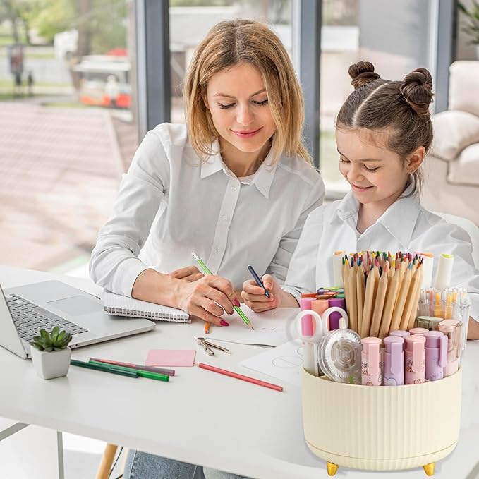 Camelmother Pen Holder For Desk With 5 Slots 360°Rotating Pencil Holder Makeup Organiezr Teacher Supplies Office decor (beige)