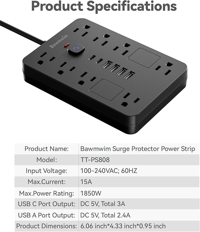 Surge Protector Power Strip - 8 Outlets(1850W/15A) with 6 USB Ports(2 USB C, 10FT Flat Plug Extension Cord, Wall Mount Multi Plug Outlet Extender, ETL Listed for Home, Dorm Room, Black