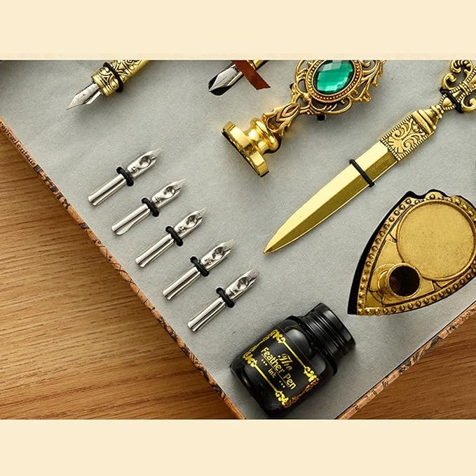 Antique Feather Pen Set, with Craft Decoration Pen, Wood Dip Pen, Metal Spoon, Wax Seal Sticks, Ink, Candle, Pen Nibs, Pen Nib Holder, Wax Seal Kit for Wedding Invitation Card #88