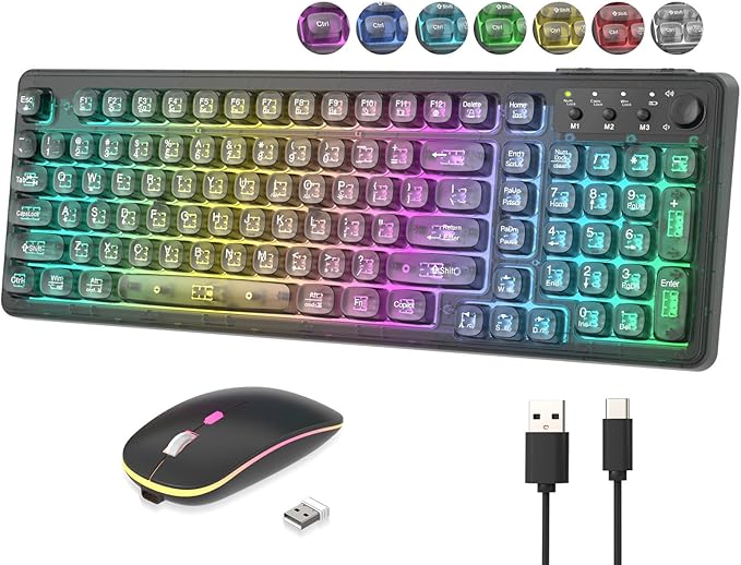 Black Light Up Keyboard and Mouse Wireless,Cute 2.4Ghz Cordless Rechargeable Transparent Backlit Keyboard,15 Backlight Effects,Volume Knob,RGB Mouse with 3 DPI for Mac Computer PC Laptop Desktop iPad