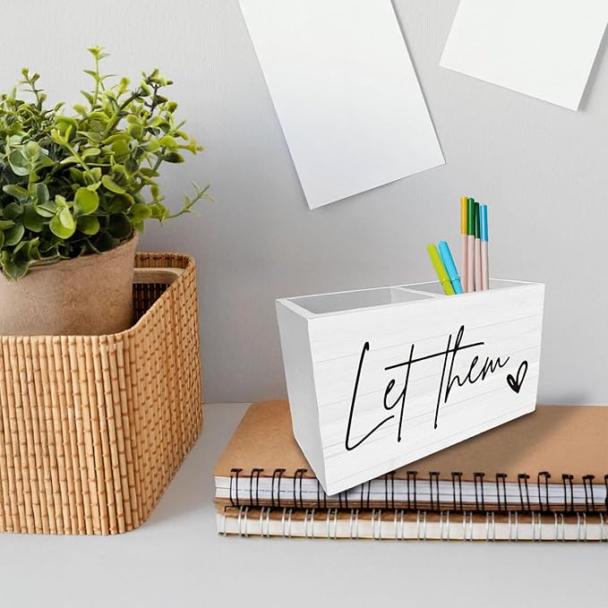 Let Them Inspirational Pen Holder for Desk, Motivational Wooden Box Sign Desk Decor for Home Office Decoration, Positive Affirmation Pencil Organizer, Mental Health Office Decor