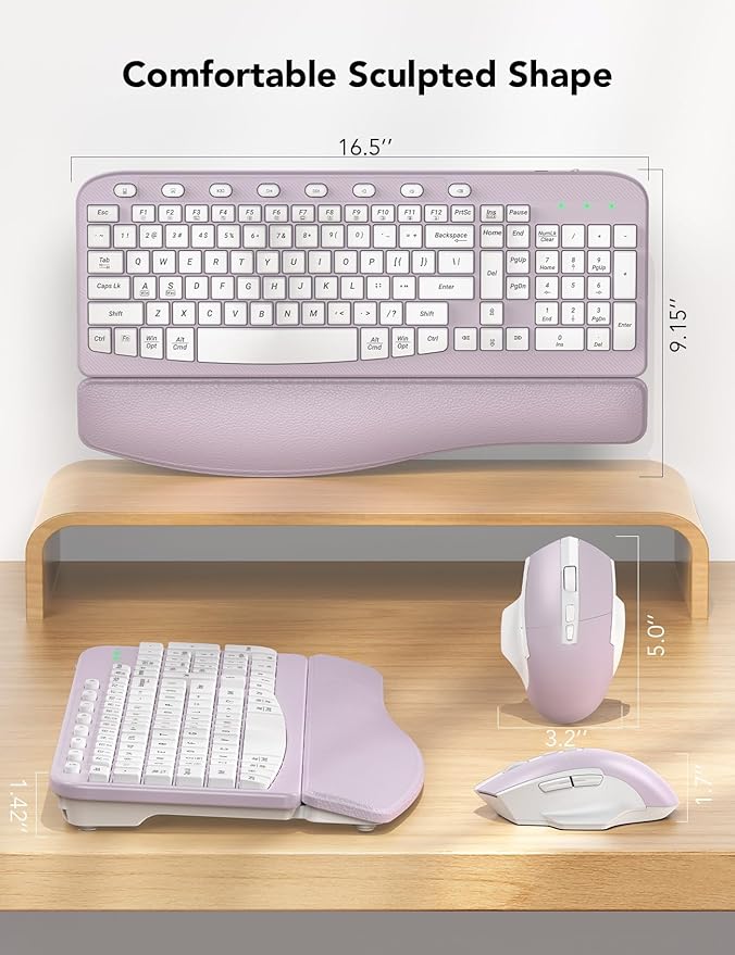 SABLUTE Wireless Keyboard and Mouse Combo, Ergonomic Wave Key, Cushioned Plam Rest, Comfortable Silent Natural Typing, 2.4G Lag-Free, Full Size Keyboards Cordless Set for Multi-OS, Windows/Mac, Purple