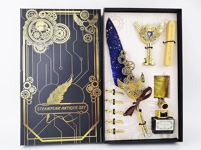 Quill Feather Pen and Ink Set,Calligraphy Set,Calligraphy Kits Include Antique Quill Feather Pen,Handcraft Wooden Pen,6 Nibs,2 Bottles Inks,Pen Holder for Beginners Birthday Gift(blue)