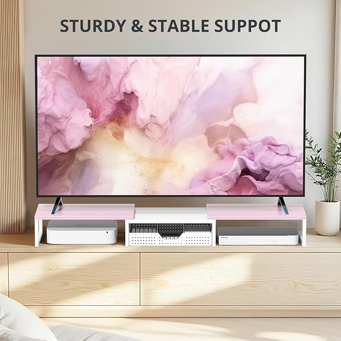 Desk Dual Monitor Stand Riser - Desk Organizer with Drawer and Pen Holders, Office Desk Accessories & Workspace Organization, Computer Monitor Stand for Laptop, Printer(Pink& White)