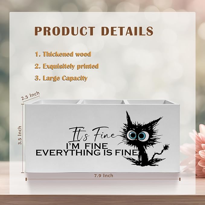 Funny Black Cat Pencil Pen Holder for Desk, I'm Fine Everything Is Fine Wooden Pencil Holder Organizer for Home Office Desk Accessories, Funny Office Gifts for Coworkers
