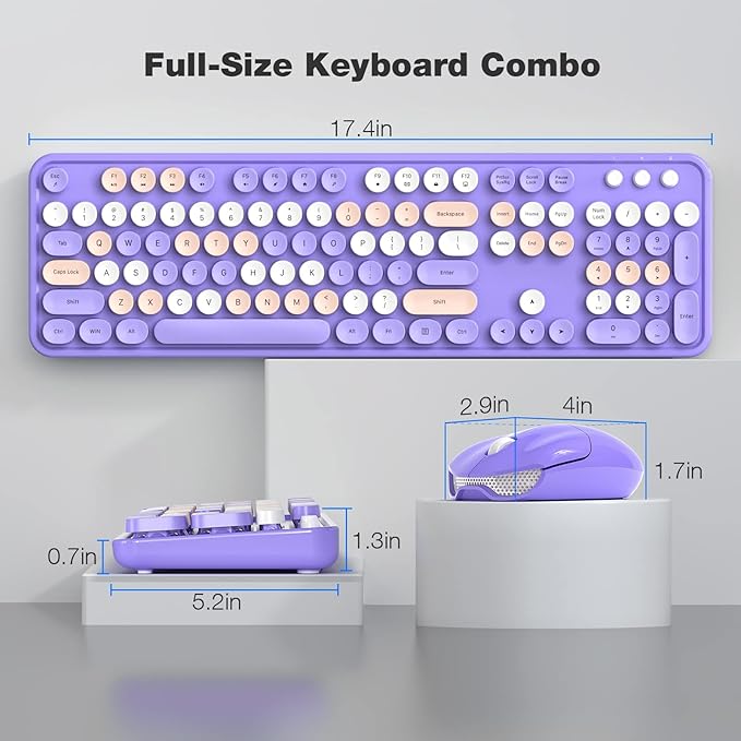 MOFII Wireless Keyboard and Mouse Combo,2.4GHz Retro Full-Size Keyboard with Number Pad and Cute Wireless Mouse for Computer PC Desktops Laptop WindowsxP/7/8/10 Purple Colorful