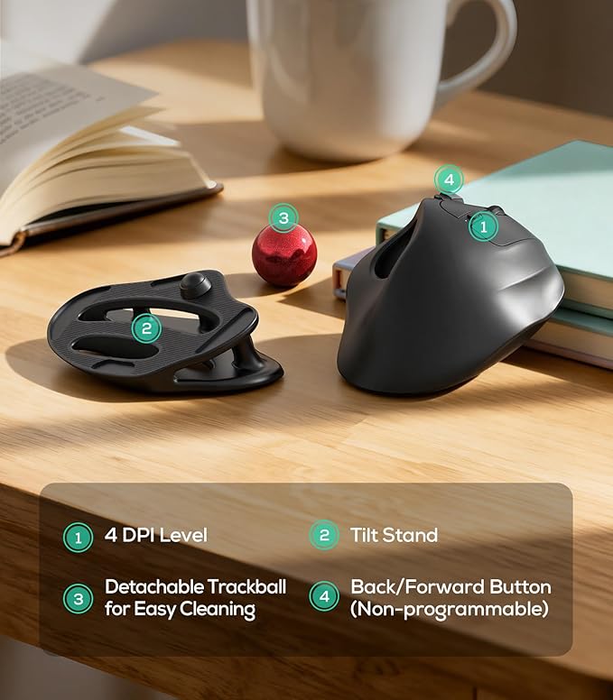 Nulea M511 Wireless Trackball Mouse, Rechargeable Ergonomic Thumb-Control Mouse with Tilt Stand, Smooth & Precision Tracking, 3 Device Connection (Bluetooth or USB Receiver), for PC/Mac/Laptop-Red